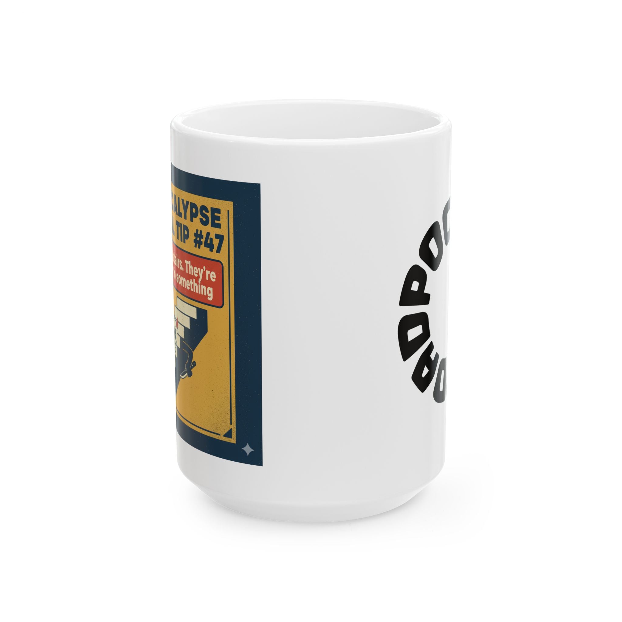 Dadpocalypse Survival Tip Mug | Never Trust Stairs Pun Coffee Mug | Funny Dad Joke Gift | Retro Demon Stairs Humor Cup