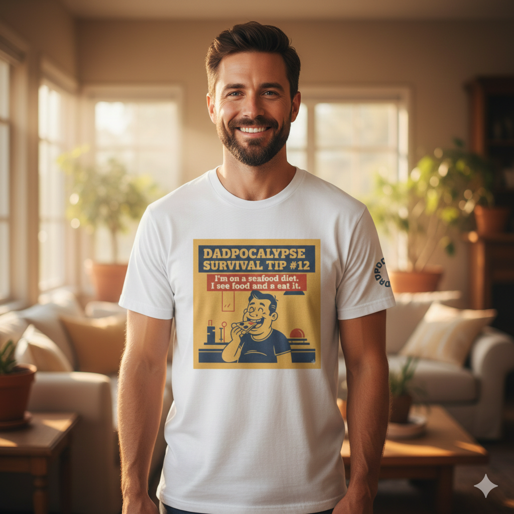 Seafood Diet T-Shirt | Dadpocalypse Survival Tip #12 | Funny Dad Joke Retro Tee