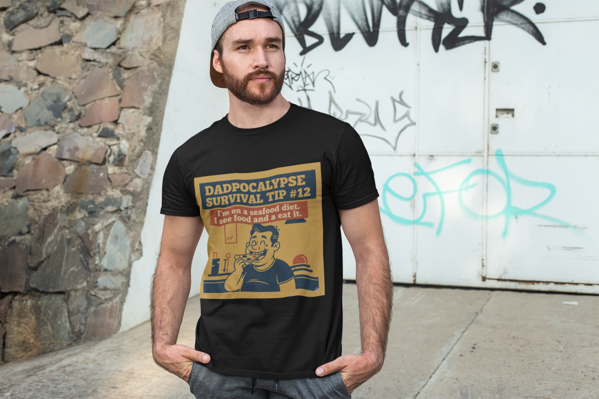 Seafood Diet T-Shirt | Dadpocalypse Survival Tip #12 | Funny Dad Joke Retro Tee