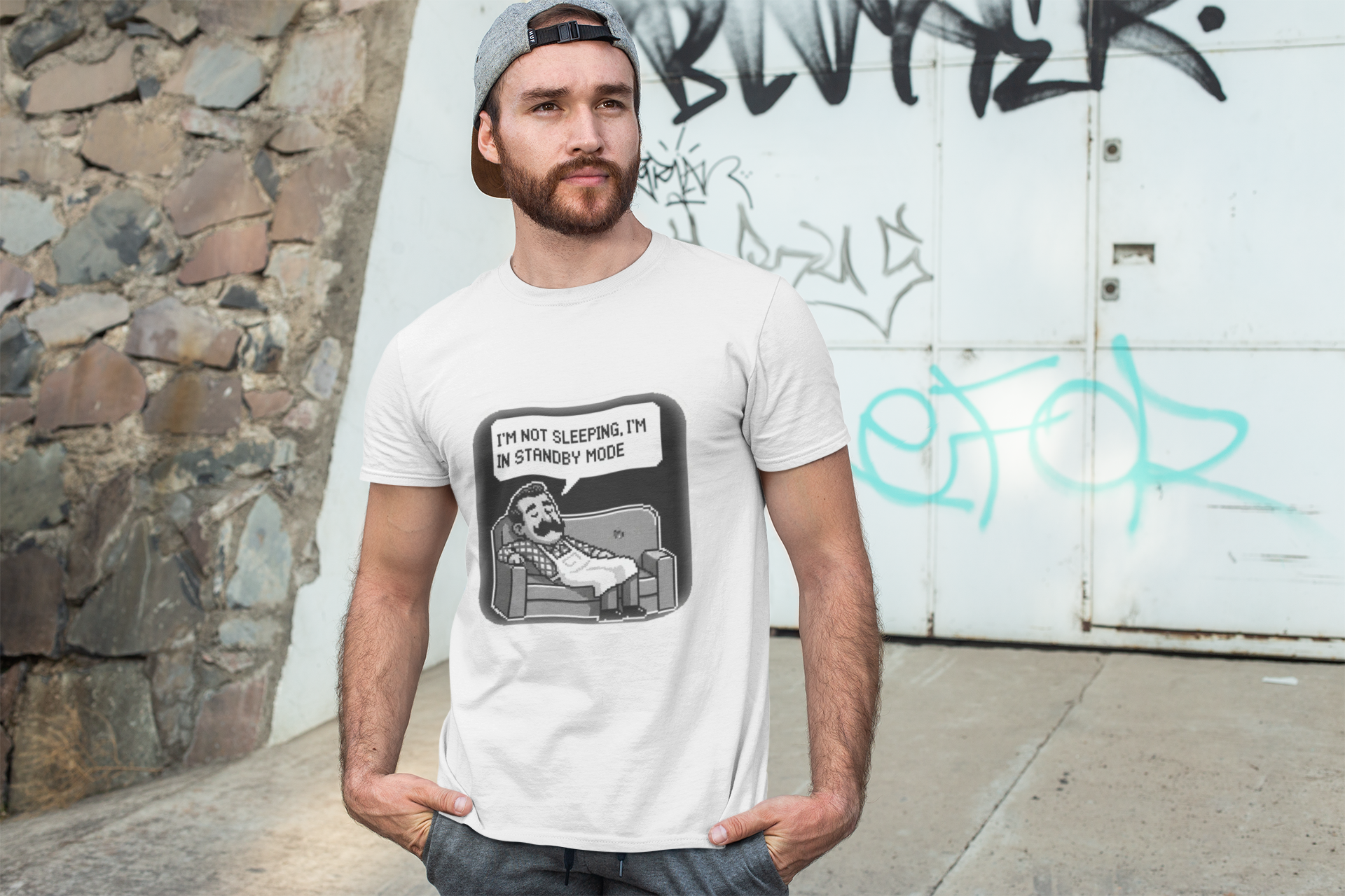 Dadpocalypse Standby Mode T-Shirt | Funny Sleeping Dad Joke Tee | Retro Pixel Art Gamer Father's Day Gift | Exhausted Dad Shirt