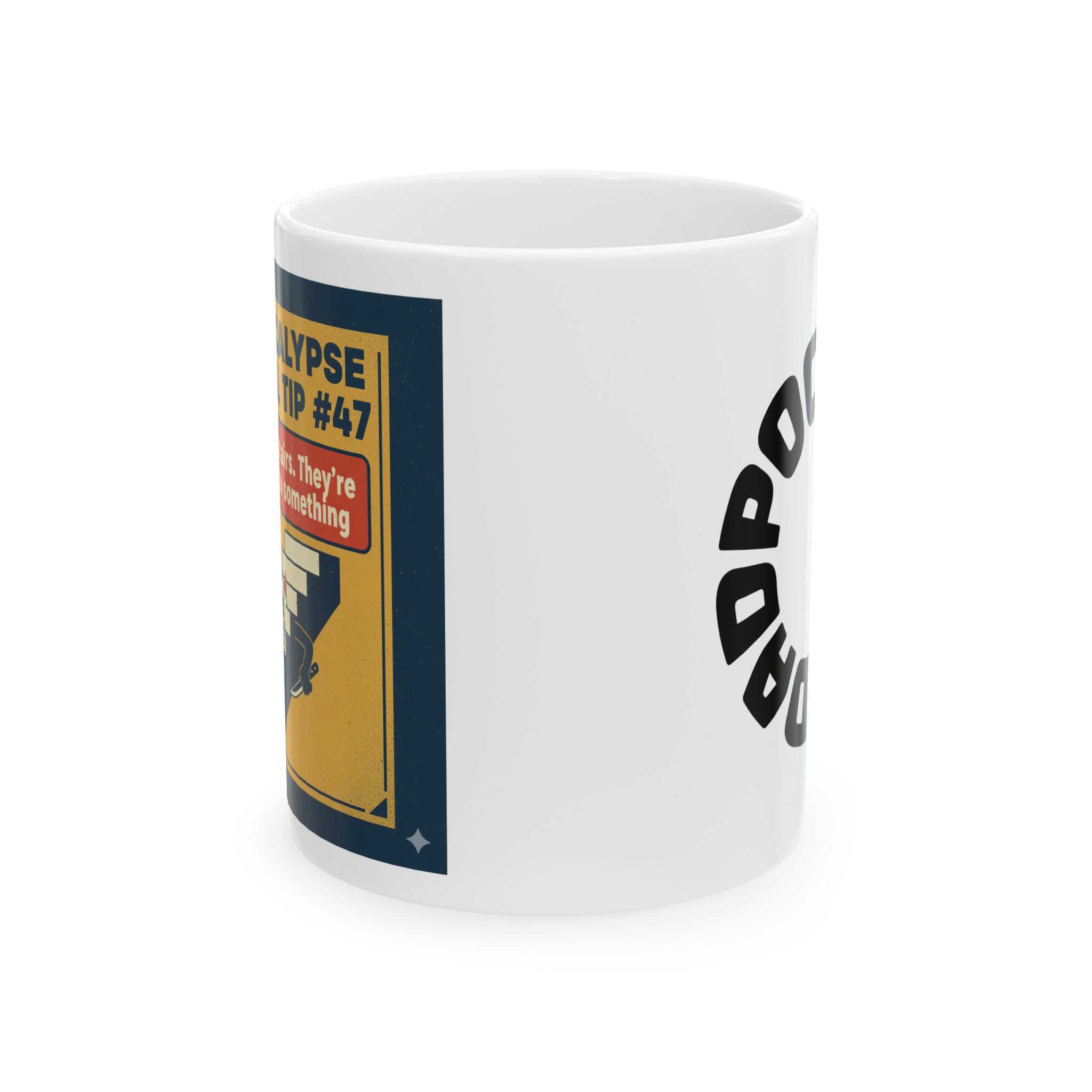 Dadpocalypse Survival Tip Mug | Never Trust Stairs Pun Coffee Mug | Funny Dad Joke Gift | Retro Demon Stairs Humor Cup